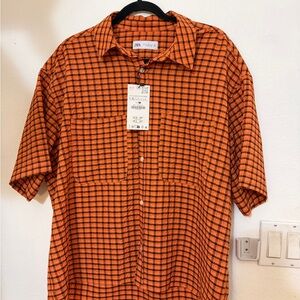 Zara Men's Casual Orange Checkered Shirt